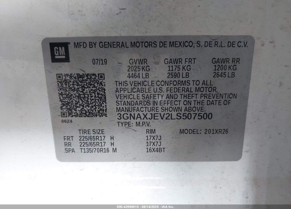 2020 CHEVROLET EQUINOX VIN: 3GNAXJEV2LS507500