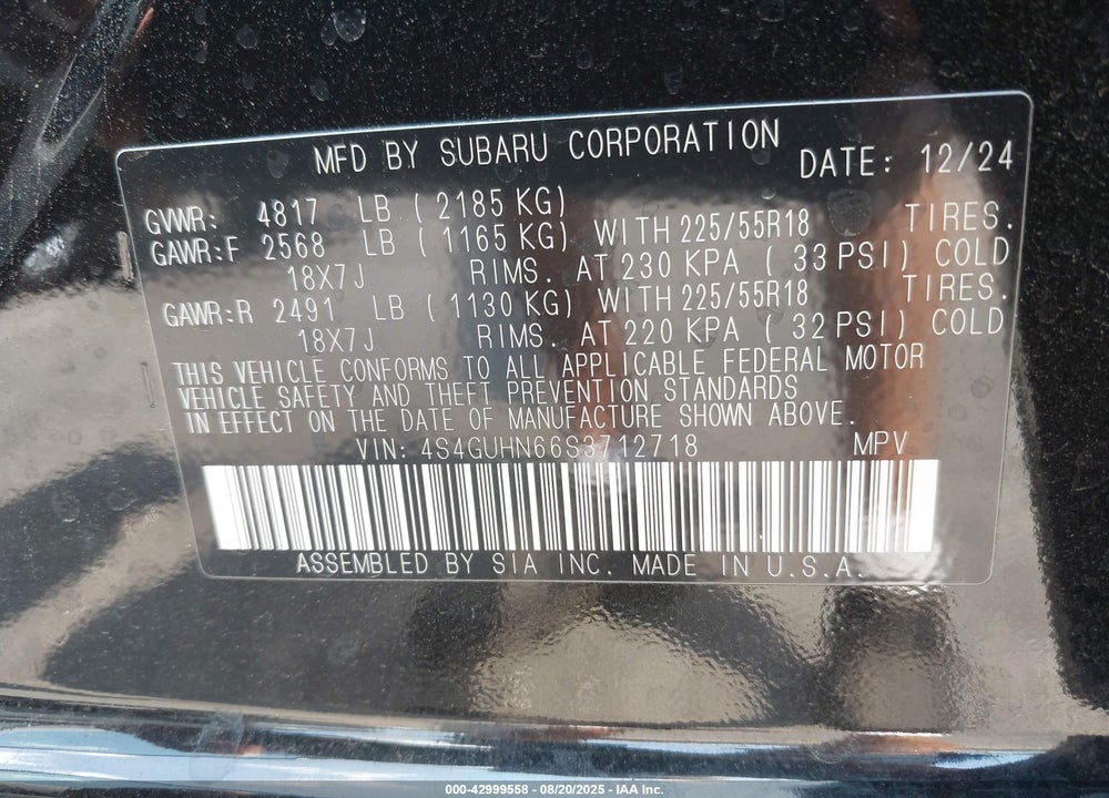 2025 SUBARU CROSSTREK VIN: 4S4GUHN66S3712718