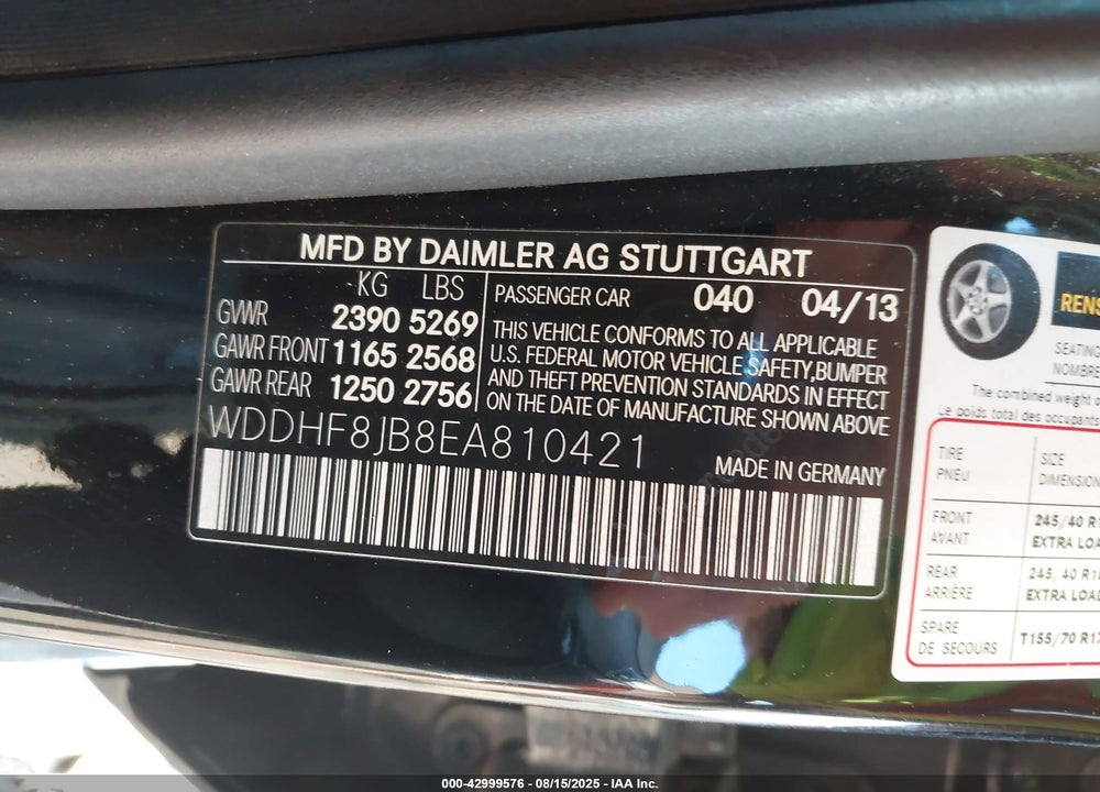 2014 MERCEDES-BENZ E-CLASS VIN: WDDHF8JB8EA810421