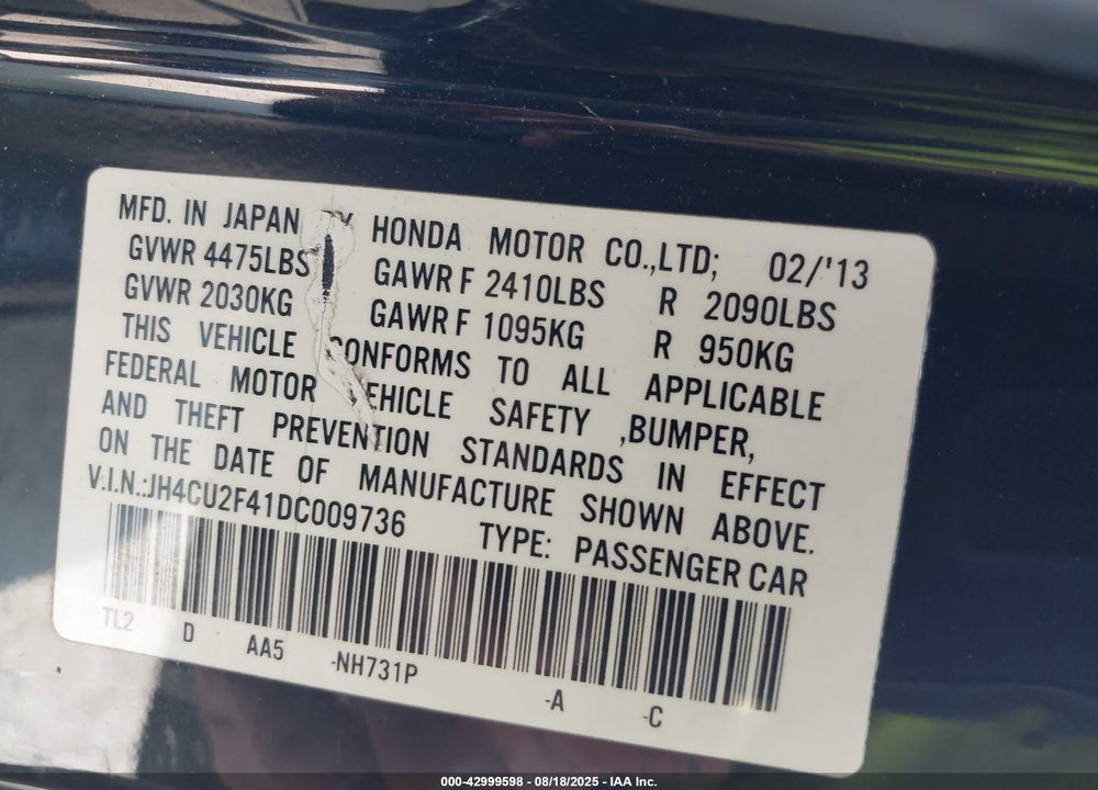 2013 ACURA TSX 2.4 VIN: JH4CU2F41DC009736