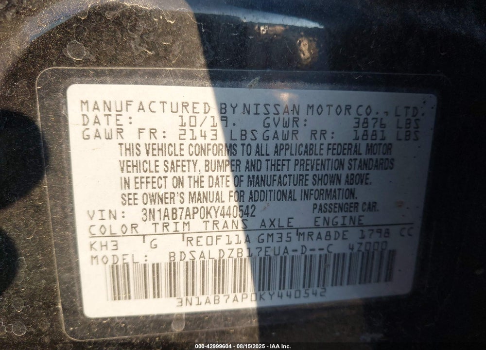 2019 NISSAN SENTRA VIN: 3N1AB7AP0KY440542