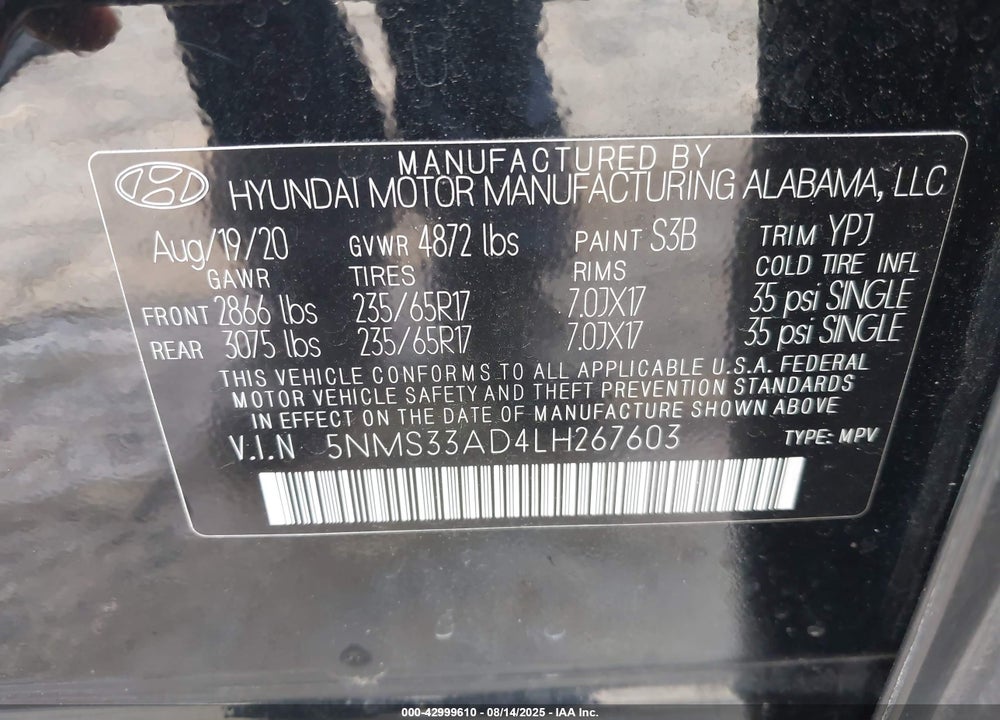 2020 HYUNDAI SANTA FE VIN: 5NMS33AD4LH267603