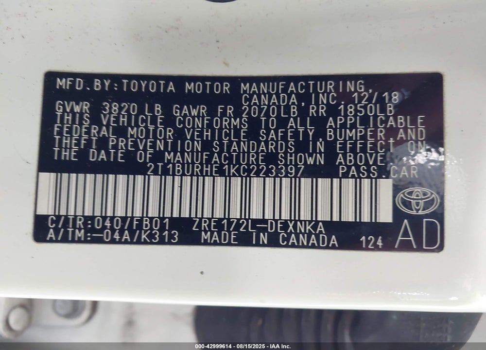 2019 TOYOTA COROLLA VIN: 2T1BURHE1KC223397