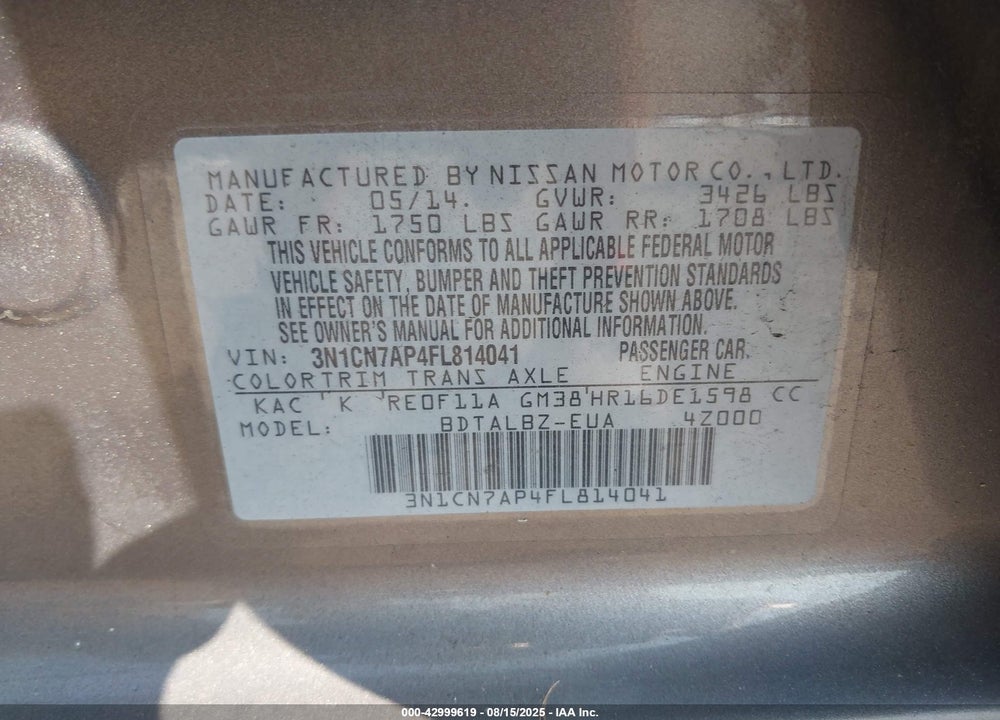2015 NISSAN VERSA VIN: 3N1CN7AP4FL814041