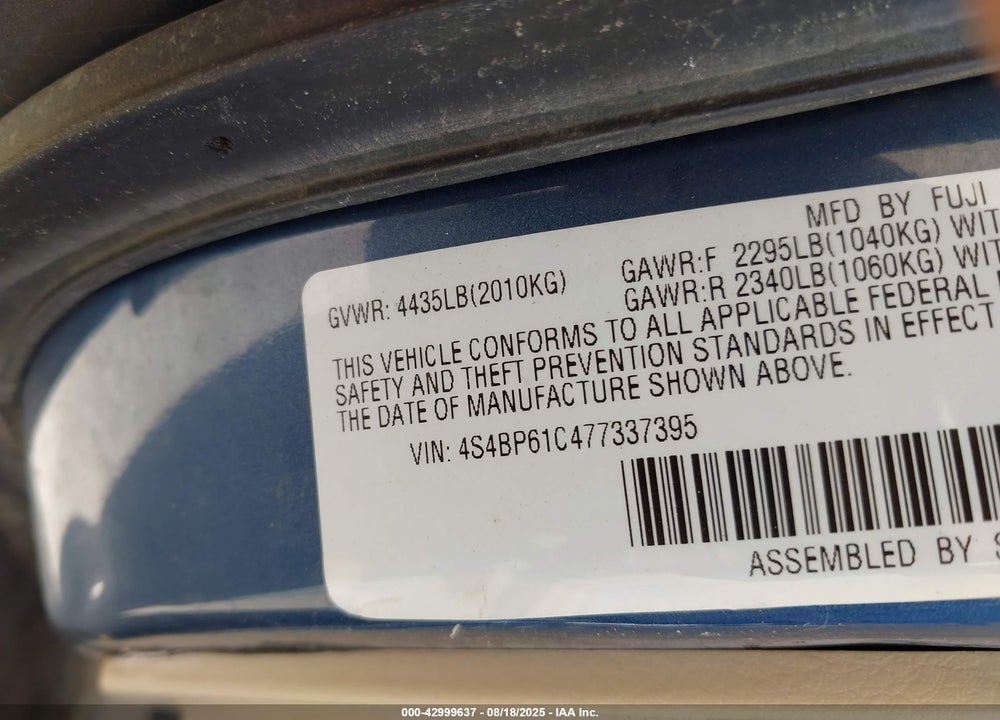 2007 SUBARU OUTBACK VIN: 4S4BP61C477337395
