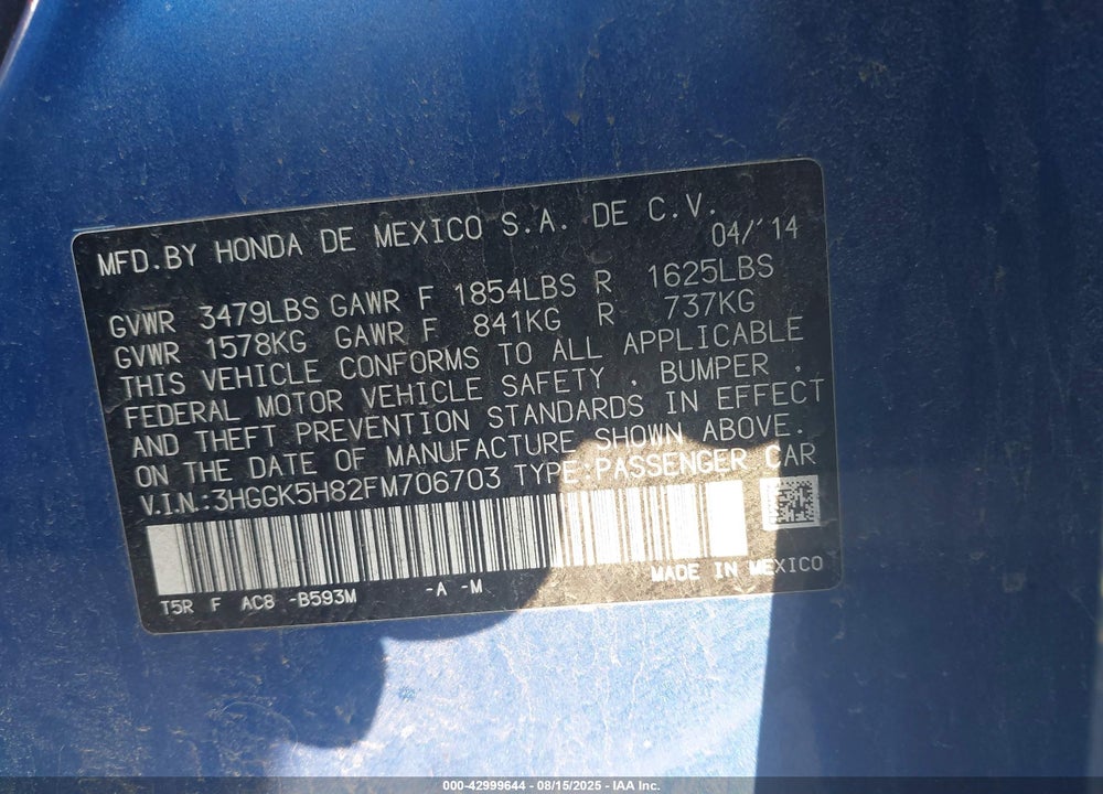 2015 HONDA FIT VIN: 3HGGK5H82FM706703