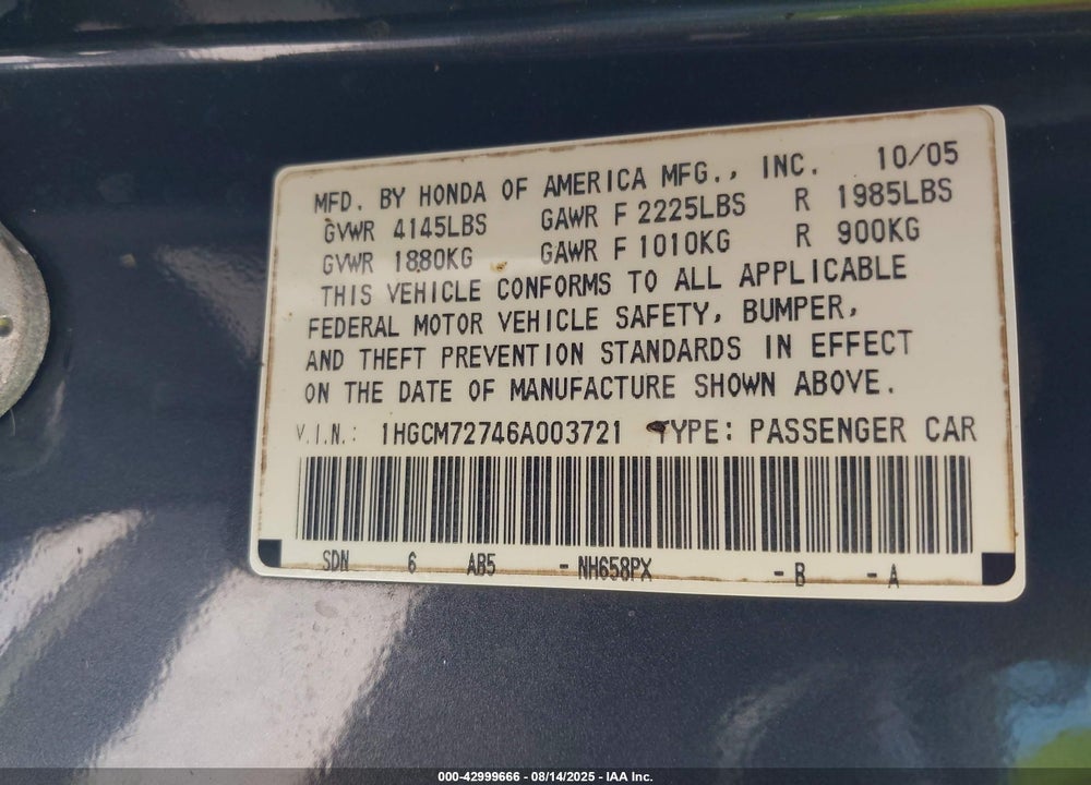 2006 HONDA ACCORD VIN: 1HGCM72746A003721