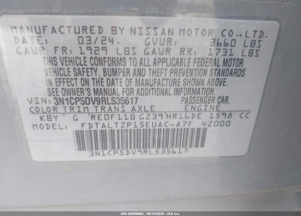 2024 NISSAN KICKS VIN: 3N1CP5DV9RL535617