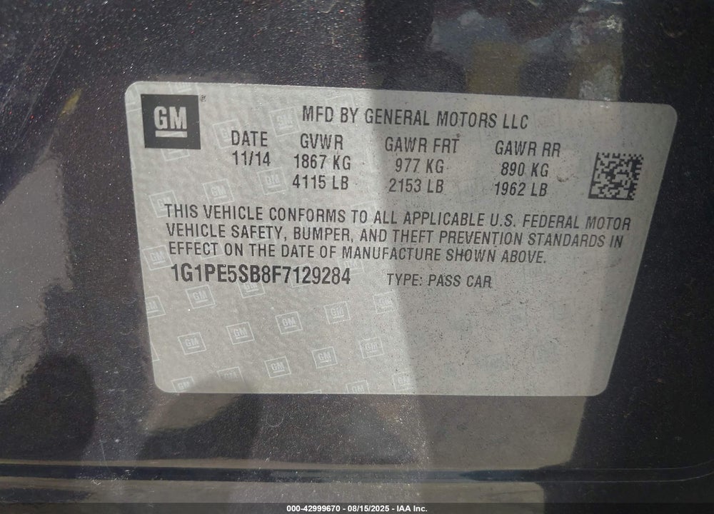 2015 CHEVROLET CRUZE VIN: 1G1PE5SB8F7129284