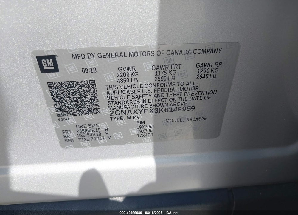 2019 CHEVROLET EQUINOX VIN: 2GNAXYEX3K6149959
