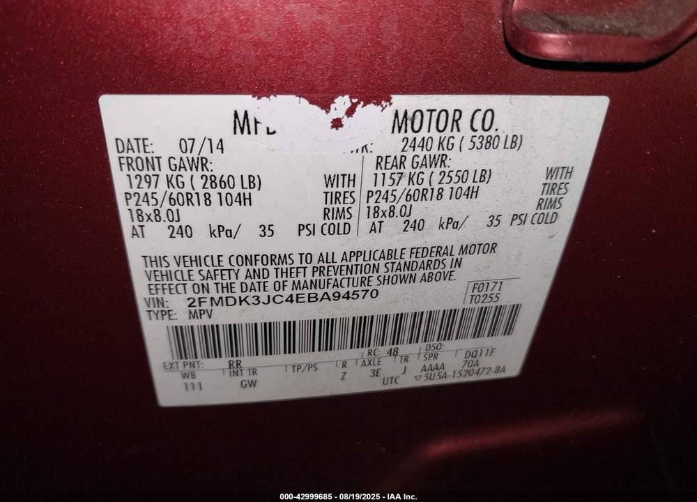 2014 FORD EDGE VIN: 2FMDK3JC4EBA94570