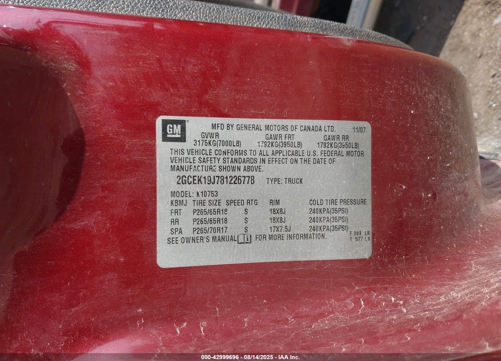 2008 CHEVROLET SILVERADO 1500 LT1 VIN: 2GCEK19J781226778