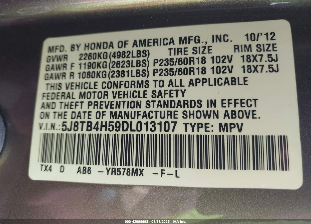 2013 ACURA RDX VIN: 5J8TB4H59DL013107