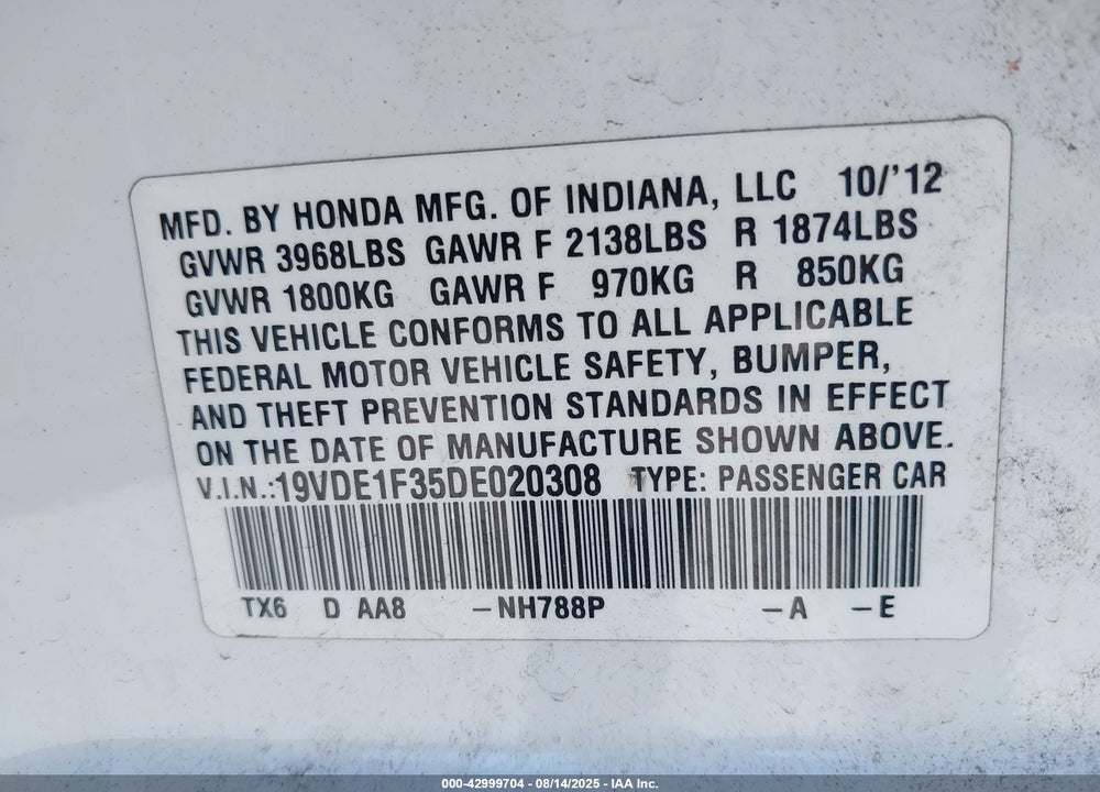 2013 ACURA ILX 2.0L VIN: 19VDE1F35DE020308