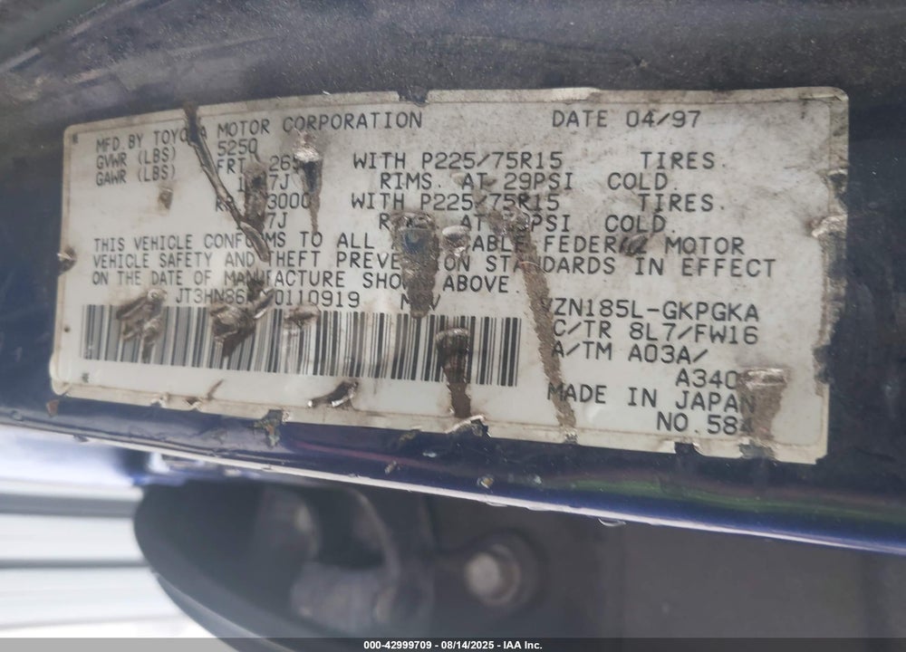 1997 TOYOTA 4RUNNER SR5 VIN: JT3HN86R7V0110919