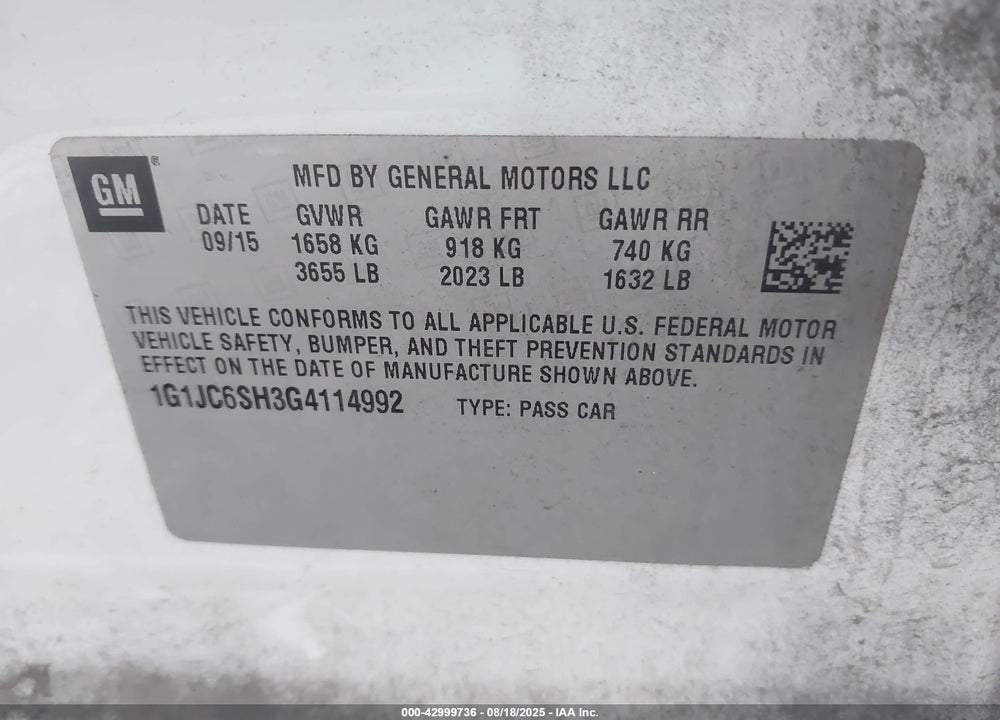 2016 CHEVROLET SONIC VIN: 1G1JC6SH3G4114992