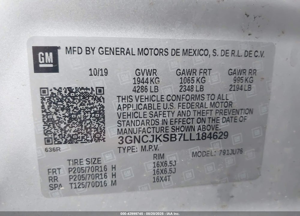 2020 CHEVROLET TRAX FWD LS VIN: 3GNCJKSB7LL184629