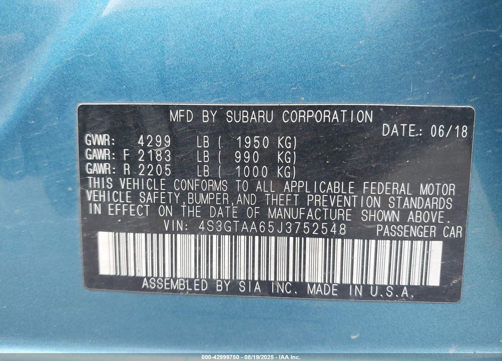2018 SUBARU IMPREZA VIN: 4S3GTAA65J3752548