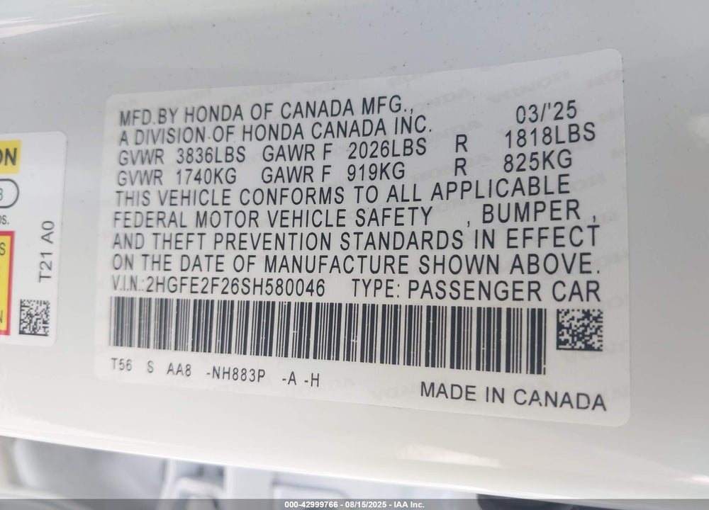 2025 HONDA CIVIC VIN: 2HGFE2F26SH580046