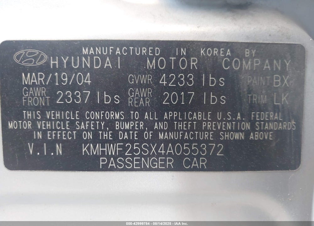 2004 HYUNDAI SONATA VIN: KMHWF25SX4A055372