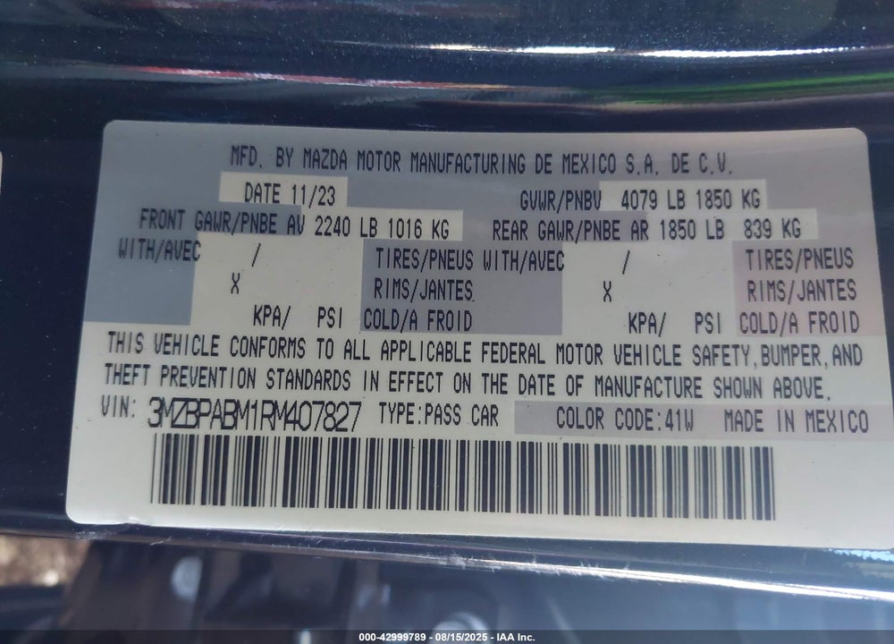 2024 MAZDA 3 2.5 S SELECT SPORT VIN: 3MZBPABM1RM407827