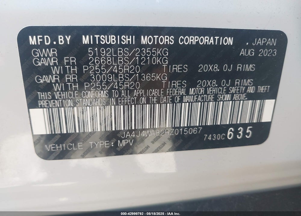 2024 MITSUBISHI OUTLANDER VIN: JA4J4WA82RZ015067