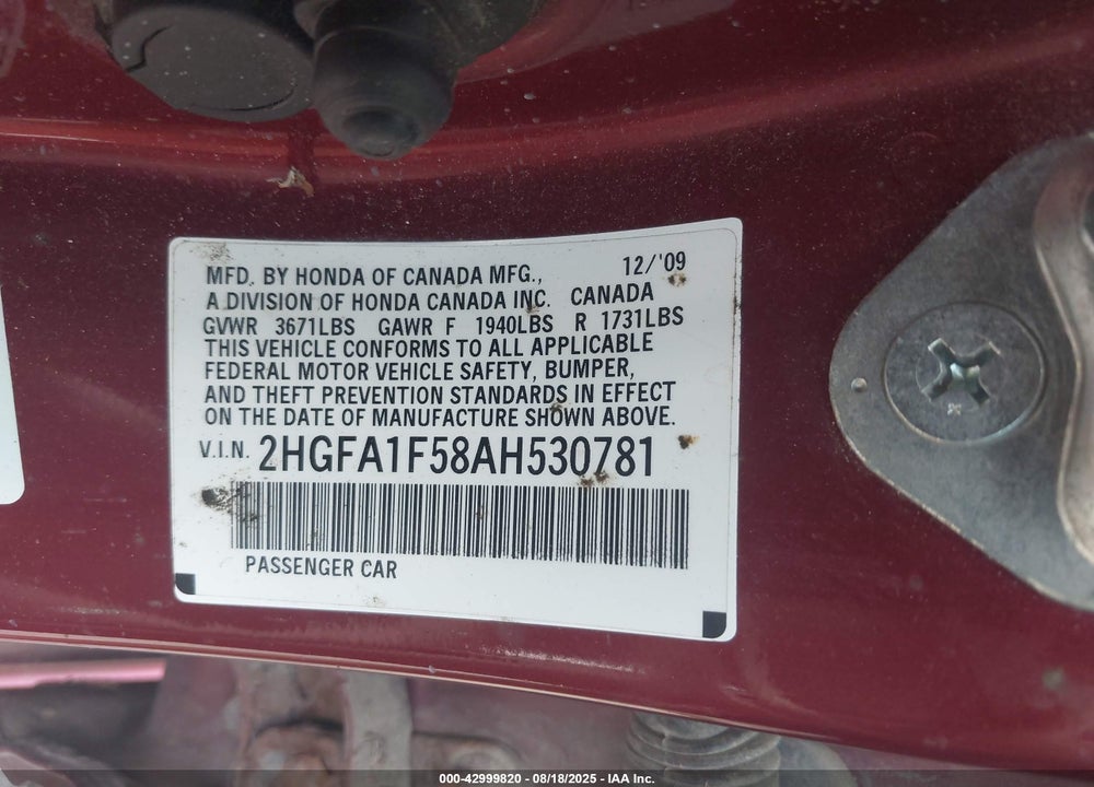 2010 HONDA CIVIC VIN: 2HGFA1F58AH530781