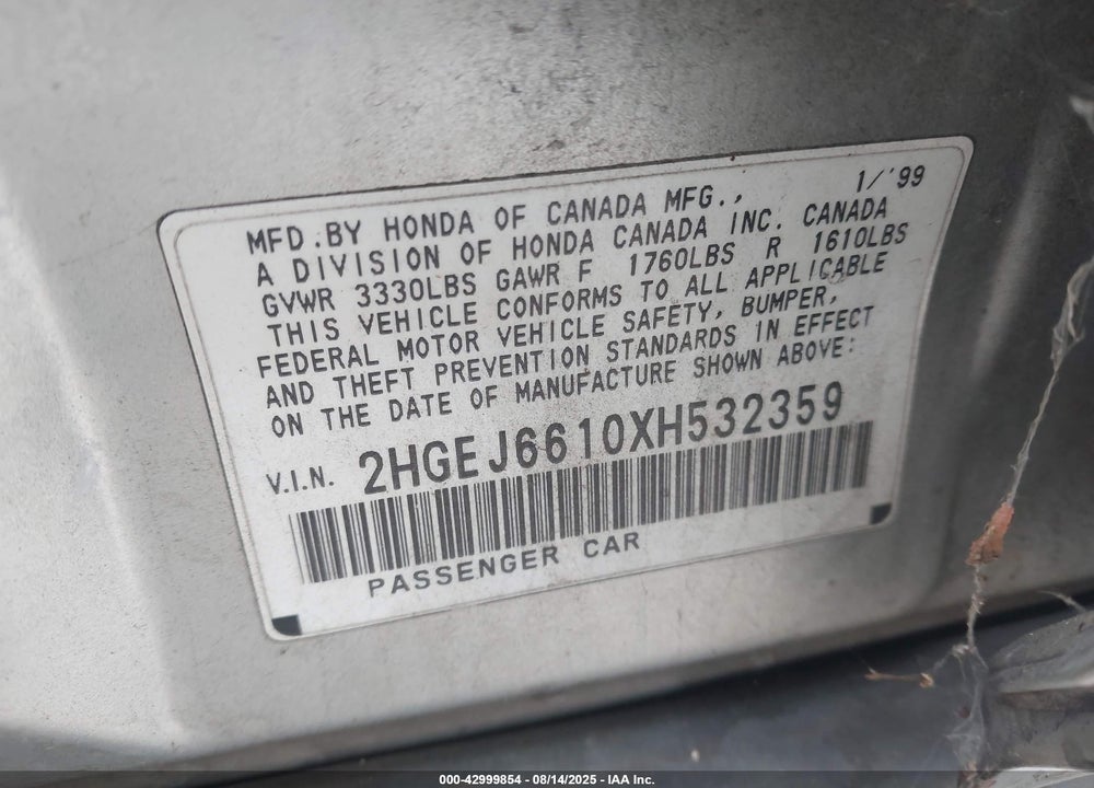 1999 HONDA CIVIC VALUE PACKAGE VIN: 2HGEJ6610XH532359