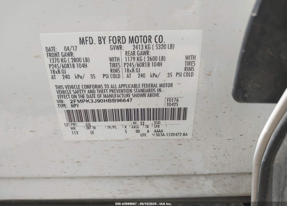 2017 FORD EDGE VIN: 2FMPK3J90HBB96647
