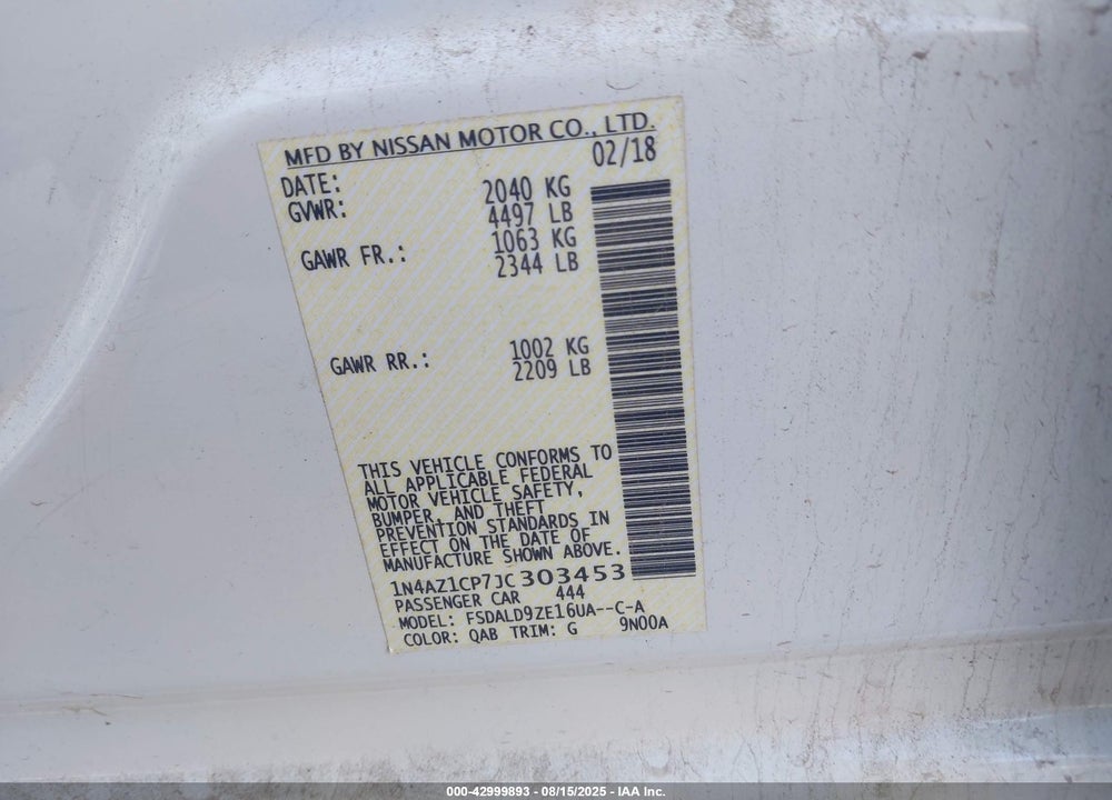 2018 NISSAN LEAF VIN: 1N4AZ1CP7JC303453