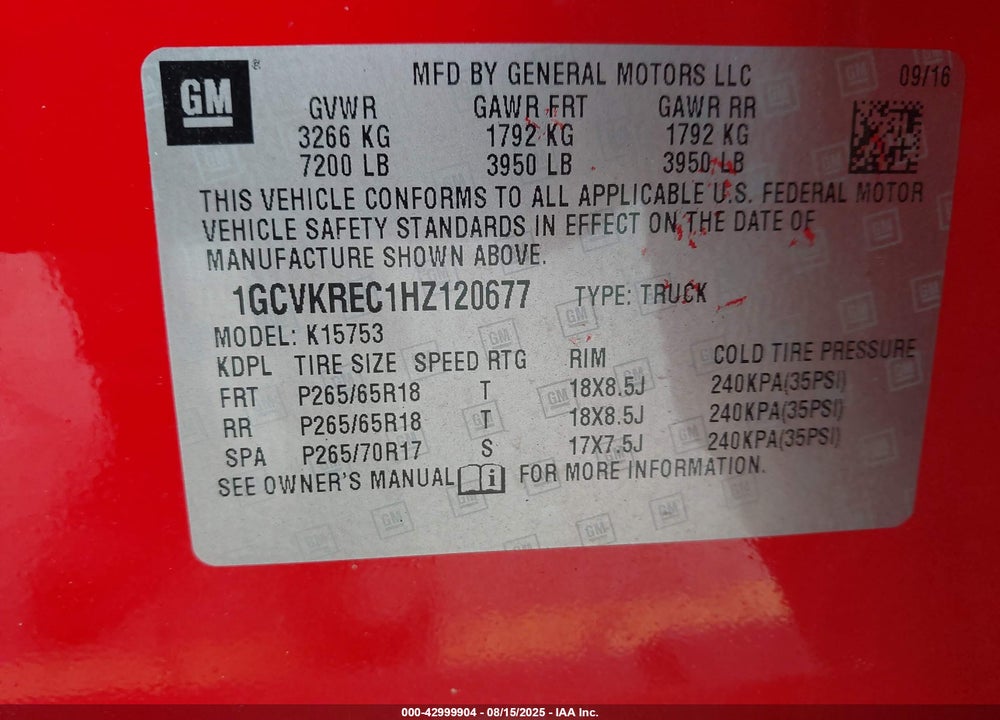 2017 CHEVROLET SILVERADO 1500 VIN: 1GCVKREC1HZ120677