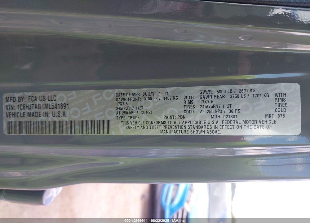 2021 JEEP GLADIATOR SPORT 4X4 VIN: 1C6HJTAG1ML541891