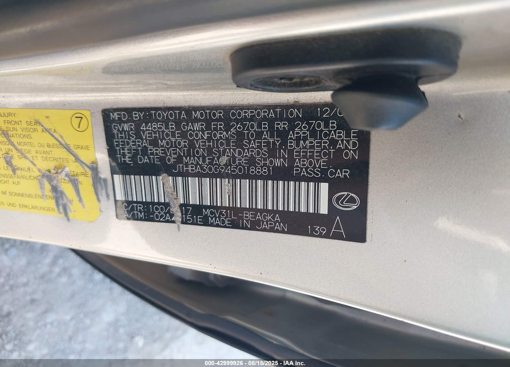 2004 LEXUS ES 330 VIN: JTHBA30G945018881