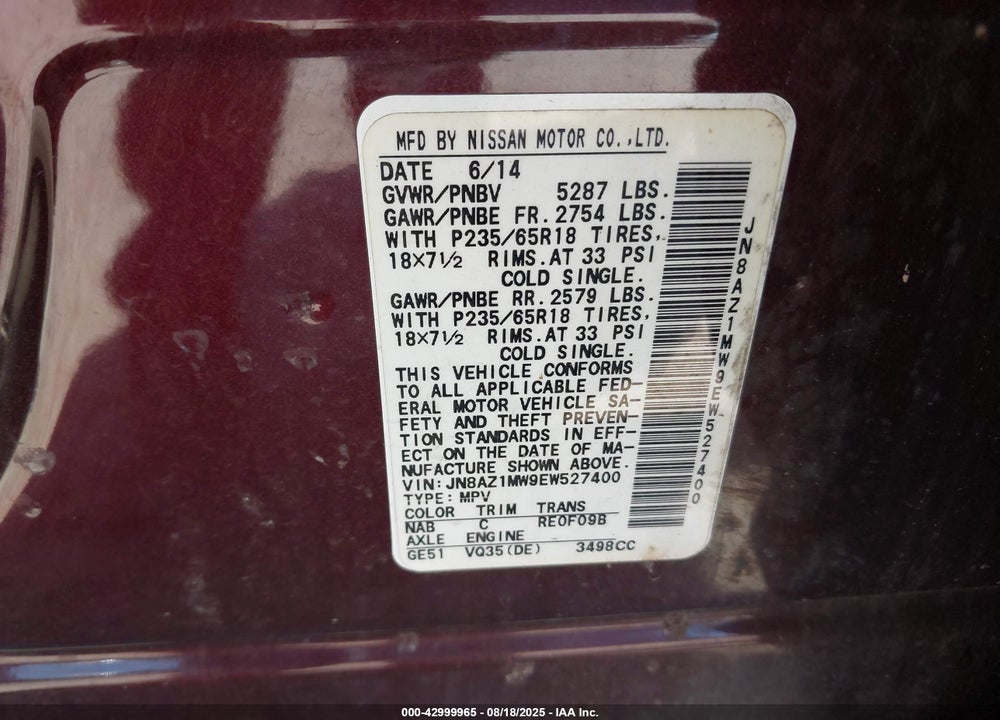 2014 NISSAN MURANO VIN: JN8AZ1MW9EW527400
