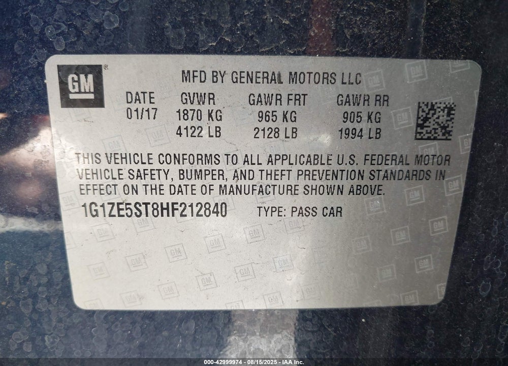 2017 CHEVROLET MALIBU VIN: 1G1ZE5ST8HF212840