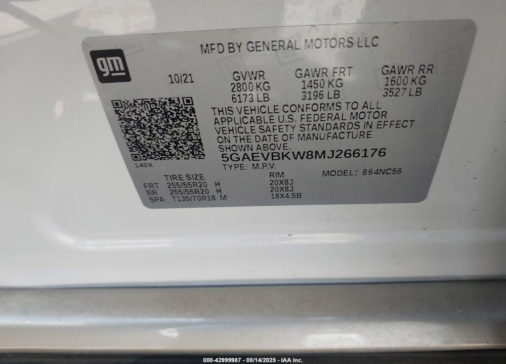 2021 BUICK ENCLAVE AWD PREMIUM VIN: 5GAEVBKW8MJ266176