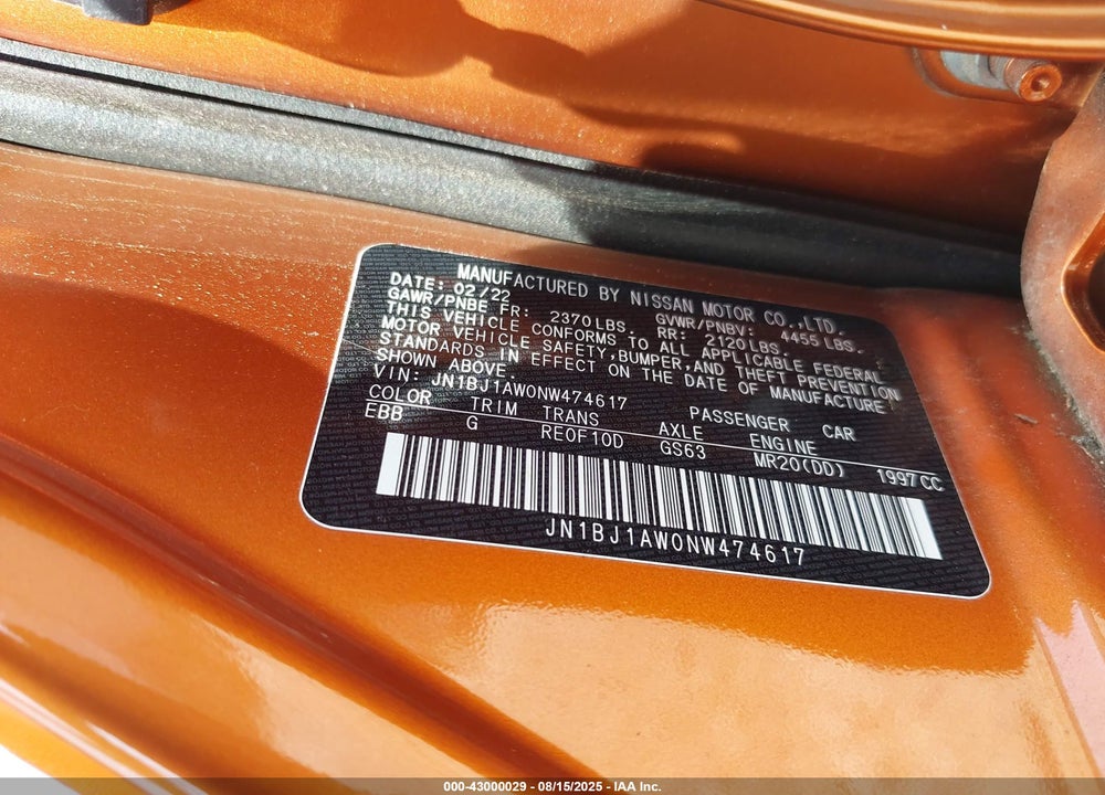 2022 NISSAN ROGUE SPORT VIN: JN1BJ1AW0NW474617