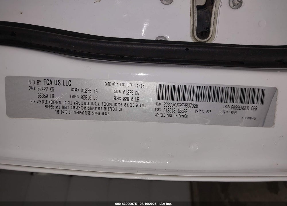 2015 DODGE CHARGER VIN: 2C3CDXJG0FH837328