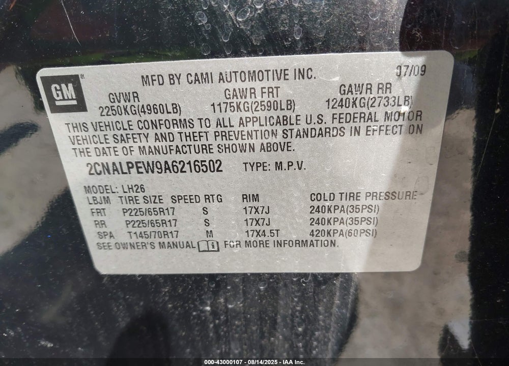 2010 CHEVROLET EQUINOX VIN: 2CNALPEW9A6216502
