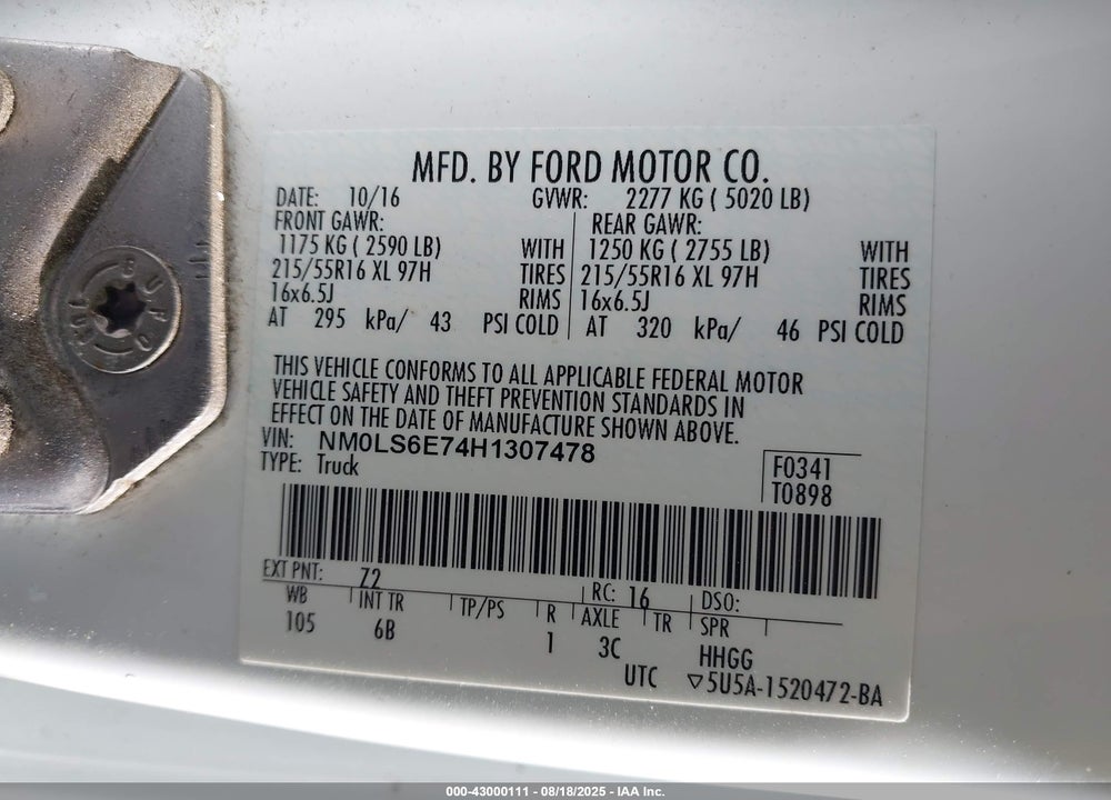 2017 FORD TRANSIT CONNECT VIN: NM0LS6E74H1307478