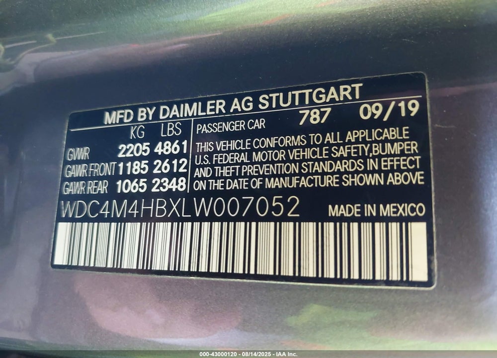 2020 MERCEDES-BENZ GLB-CLASS VIN: WDC4M4HBXLW007052