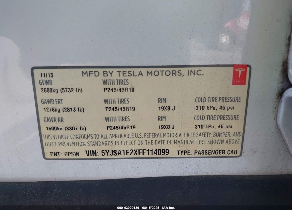 2015 TESLA MODEL S VIN: 5YJSA1E2XFF114099