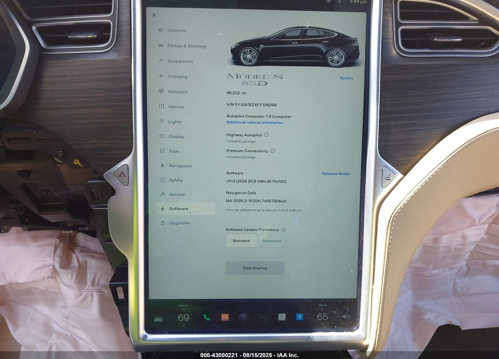 2015 TESLA MODEL S 70D/85D/P85D VIN: 5YJSA1E2XFF108268