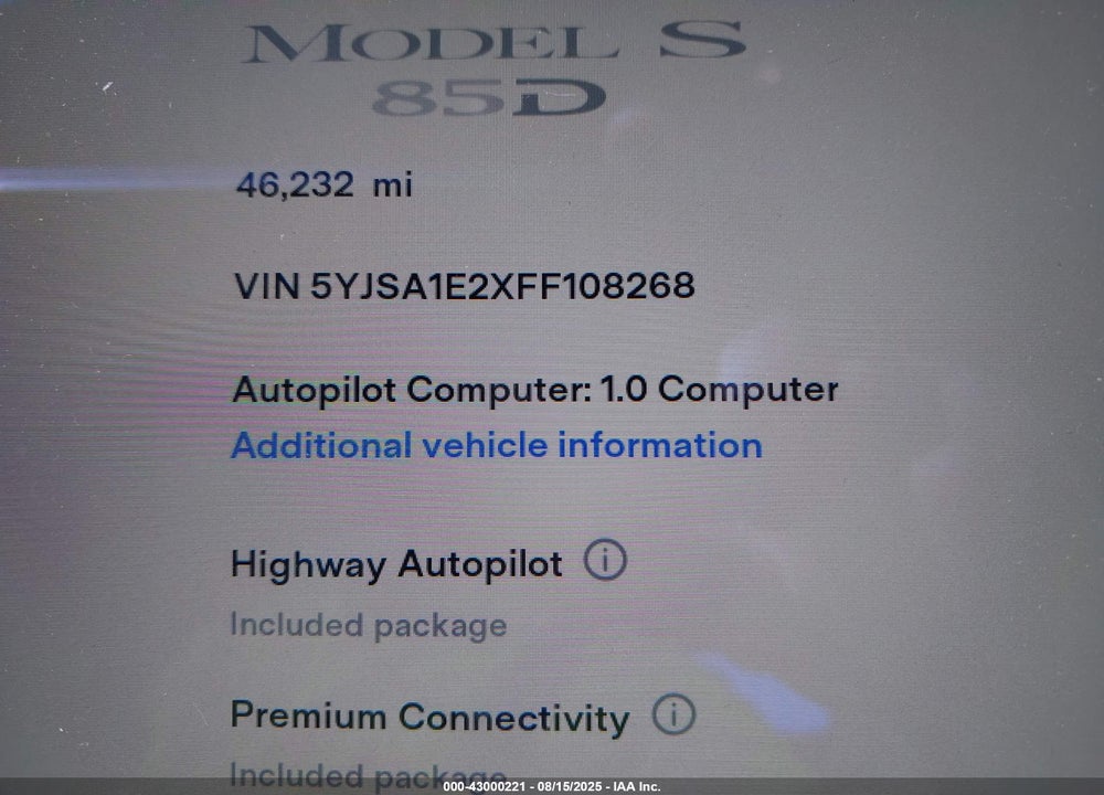 2015 TESLA MODEL S 70D/85D/P85D VIN: 5YJSA1E2XFF108268