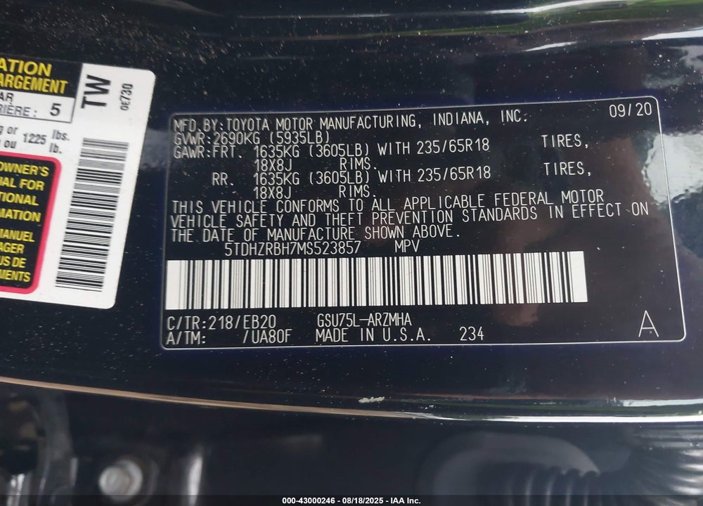 2021 TOYOTA HIGHLANDER VIN: 5TDHZRBH7MS523857