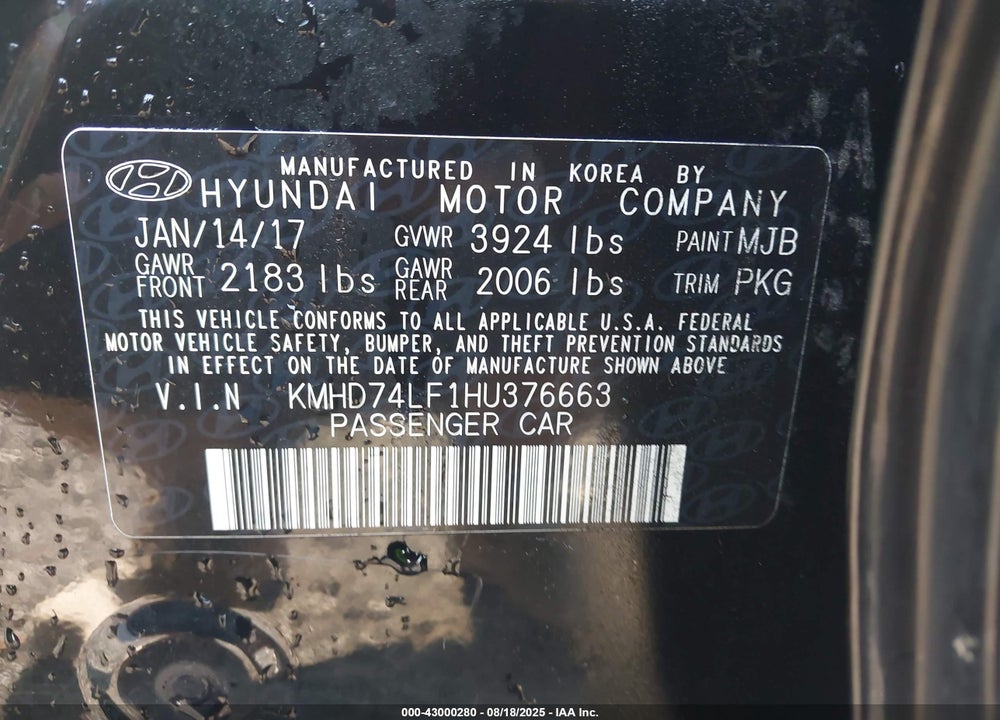2017 HYUNDAI ELANTRA VIN: KMHD74LF1HU376663