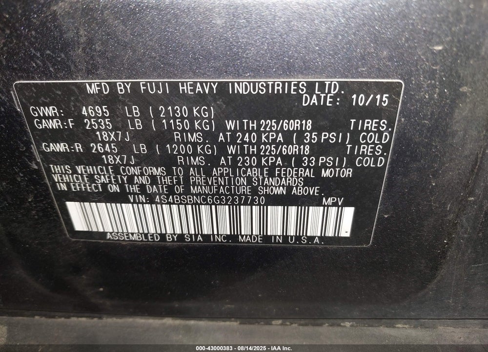 2016 SUBARU OUTBACK VIN: 4S4BSBNC6G3237730
