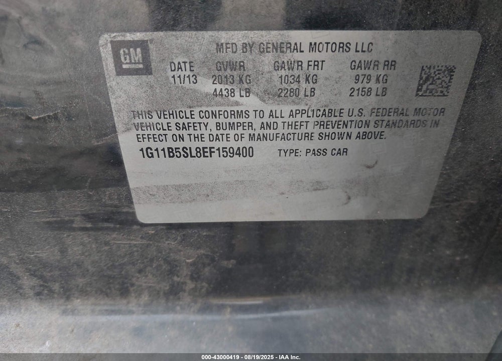 2014 CHEVROLET MALIBU VIN: 1G11B5SL8EF159400