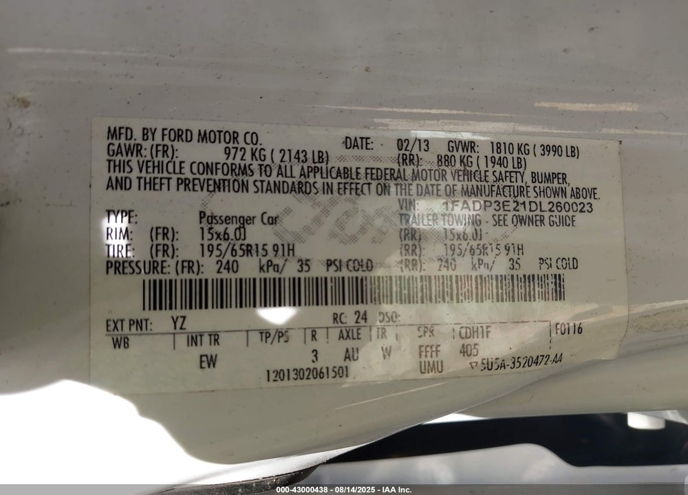 2013 FORD FOCUS VIN: 1FADP3E21DL260023
