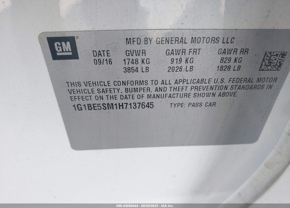 2017 CHEVROLET CRUZE LT AUTO VIN: 1G1BE5SM1H7137645